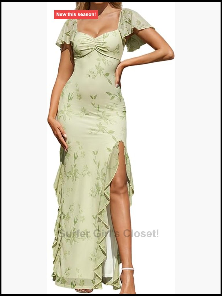 Ruffle Sweetheart Neck Mesh Formal Wedding Guest Maxi Dress